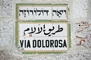 Old City of Jerusalem and its Walls Cushion Collection: Via Dolorosa street sign in three languages, Old City, Jerusalem, Israel, Middle East