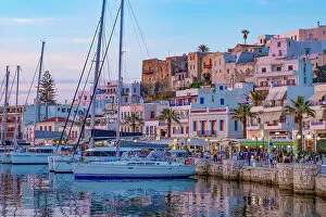 Greece Mouse Mat Collection: Dusk with yachts moored at the harbour waterfront in Naxos Town, Naxos, the Cyclades, Aegean Sea