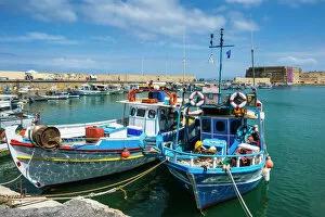 Greek Islands Collection: Fishing boats in the old harbour of Heraklion, Crete, Greek Islands, Greece, Europe