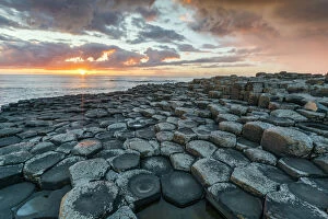 Historical sites Fine Art Print Collection: Giants Causeway at sunset, UNESCO World Heritage Site, County Antrim, Ulster, Northern Ireland