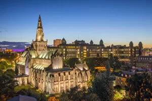 Skyline Collection: Glasgow Cathedral and Royal Infirmary at dusk, Glasgow, Scotland, United Kingdom, Europe