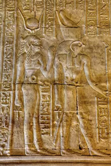 Related Images Metal Print Collection: Goddess Hathor on the left with God Horus on right, Bas Reliefs, Sanctuary of Horus