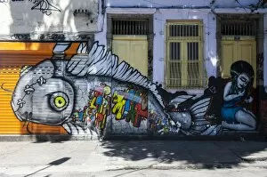 Street art graffiti Cushion Collection: Graffiti art work on houses in Lapa, Rio de Janeiro, Brazil, South America