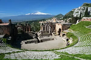Traditionally Greek Collection: The Greek Amphitheatre and Mount Etna, Taormina, Sicily, Italy, Europe