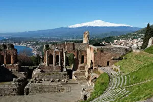 International Landmark Collection: The Greek Amphitheatre and Mount Etna, Taormina, Sicily, Italy, Europe