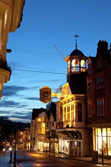 Clock Collection: Guildford High Street and Guildhall at dusk, Guildford, Surrey, England