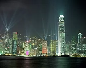 Sky Line Collection: Hong Kong city skyline looking across Victoria harbour to Hong Kong Island at night