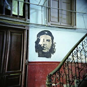 Railing Collection: Image of Che Guevara on wall outside apartment, Havana, Cuba, West Indies