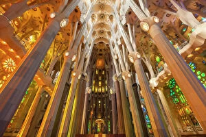 Alhambra, Generalife and Albayz Pillow Collection: La Sagrada Familia church, basilica interior with stained glass windows by Antoni Gaudi