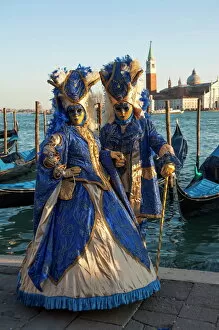 Canal Collection: Two ladies in blue and gold masks, Venice Carnival, Venice, UNESCO World Heritage Site