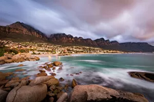 Cape Town Premium Framed Print Collection: Long exposure at sunset at Camps Bay with cloud over Table Mountain and the Twelve Apostles