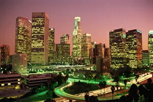 Los Angeles Collection: Los Angeles skyline and freeways, illuminated at night, California, United States of America