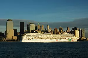 Liner Collection: Lower Manhattan skyline and cruise ship across the Hudson River