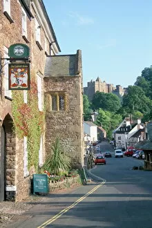 Signs Premium Framed Print Collection: Luttrell Arms Hotel and Dunster Castle beyond, Dunster, Somerset, England