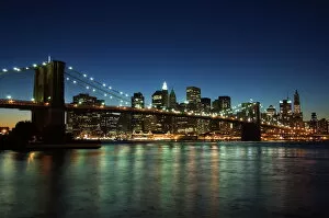 Brooklyn Bridge Framed Print Collection: Manhattan skyline and Brooklyn Bridge at dusk
