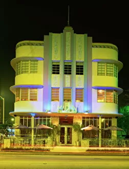 Art deco Postcard Collection: The Marlin Hotel illuminated at night, Ocean Drive, Art Deco District, Miami Beach