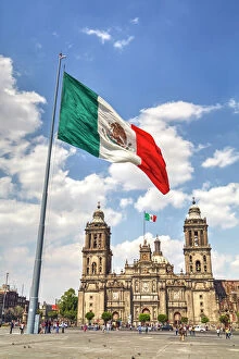 International Architecture Premium Framed Print Collection: Mexican flag, Plaza of the Constitution (Zocalo), Metropolitan Cathedral in background