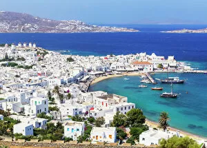 Oceans Collection: Mykonos Town and old harbour, elevated view, Mykonos, Cyclades Islands, Greek Islands