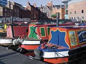 Canal Collection: Narrow boats and barges moored at Gas Street Canal Basin, city centre, Birmingham