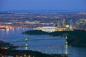 Sky Line Collection: Night view of city skyline and Lions Gate Bridge, from Cypress Provincial Park