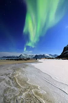 Aurorae Framed Print Collection: Northern Lights (aurora borealis) on Gymsoyan sky, Gimsoy, Lofoten Islands, Arctic