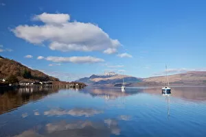 Boats Collection: Picturesque tranquil Loch Lomond with sailing boats, Luss Jetty, Luss, Argyll and Bute