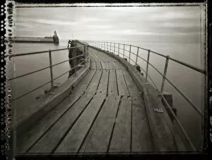 Northumbria Collection: Pinhole camera image of view along timber walkway of Blyth Pier towards lighthouse