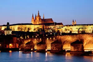 Historical sites Framed Print Collection: Prague Castle on the skyline and the Charles Bridge over the River Vltava