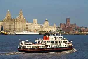 Liverpool Greetings Card Collection: River Mersey ferry and the Three Graces, Liverpool, Merseyside, England