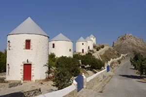 Greek Islands Collection: Row of old windmills on Pitiki Hill below Panteli castle, Platanos, Leros, Dodecanese Islands