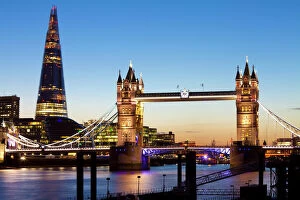 Skyline Collection: The Shard and Tower Bridge at night, London, England, United Kingdom, Europe