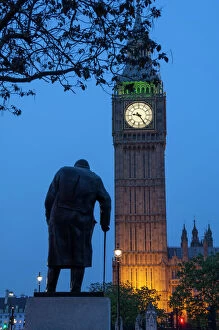Churches Pillow Collection: Sir Winston Churchill statue and Big Ben, Parliament Square, Westminster, London