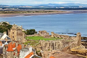 Castles Pillow Collection: St. Andrews Castle and West Sands from St. Rules Tower at St. Andrews Cathedral, St