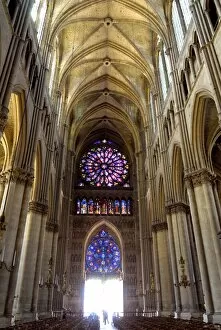 Marne Collection: Stained glass rose window viewed from the nave