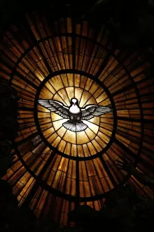 Basilica Collection: Stained glass window in St. Peters basilica of Holy Spirit dove symbol, Vatican