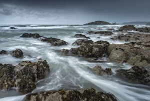 Bantham Photographic Print Collection: Stormy conditions on the rocky Bantham coast, looking across to Burgh Island, Devon