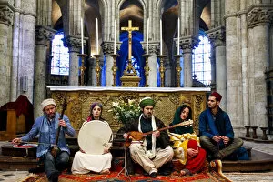 Religious Culture Collection: Sufi music band at Sufi Muslim wedding in St. Nicolass Catholic church, Blois