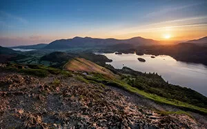 Tranquillity Collection: Sunrise over Derwentwater from the summit of Catbells near Keswick, Lake District National Park
