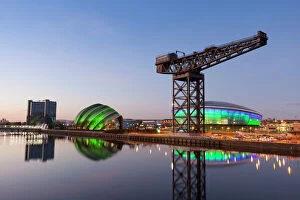 Scotland Fine Art Print Collection: Sunset view of River Clyde, Finnieston Crane, The Hydro and the Armadillo, Glasgow