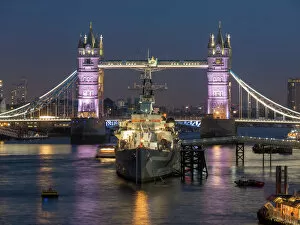 Historic landmarks Collection: Tower Bridge and HMS Belfast on the River Thames at dusk, London, England, United Kingdom
