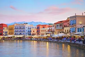 Greek Islands Collection: The Venetian Harbour at dusk, Chania, Crete, Greek Islands, Greece, Europe