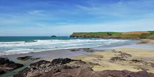Isle Collection: View of Atlantic surf at Polzeath beach, looking north to Pentire Headland