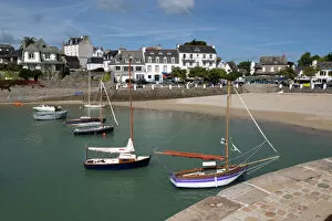 Finistere Collection: View of beach and boats in harbour, Locquirec, Finistere, Brittany, France, Europe