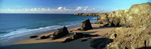 Distance Collection: View of Bedruthan Steps and beach, near Newquay, Cornwall, England, United Kingdom