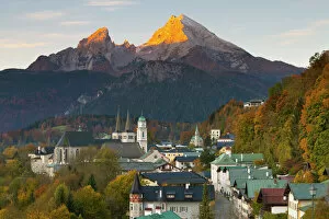Traditionally German Collection: View over Berchtesgaden and the Watzmann Mountain at sunrise, Berchtesgaden, Bavaria, Germany