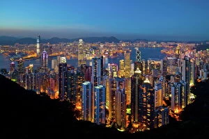 Cloudless Collection: View over Hong Kong from Victoria Peak, the illuminated skyline of Central sits below The Peak
