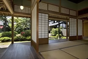 Japanese samurai armor Greetings Card Collection: View of landscape garden at the Kyu Uchiyamake Samurai house in Echizen-Ono
