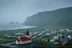Related Images Metal Print Collection: View over the village of Vik on a rainy day, Iceland, Polar Regions
