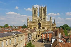 Religious Architecture Mouse Mat Collection: West front of Lincoln Cathedral and Exchequer Gate, Lincoln, Lincolnshire