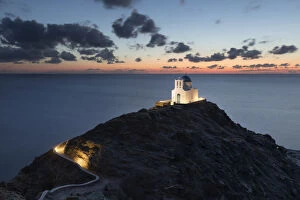 Footpath Collection: White Greek Orthodox chapel of Eftamartyres on headland at dawn, Kastro, Sifnos, Cyclades